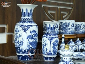 Bộ đồ thờ men trắng họa tiết Tứ Cảnh Ngũ Phúc (Ban thờ 1m75)