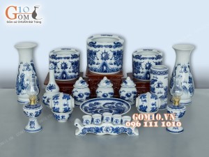 Bộ đồ thờ men trắng vẽ rồng giả nổi ( Có tam cấp )