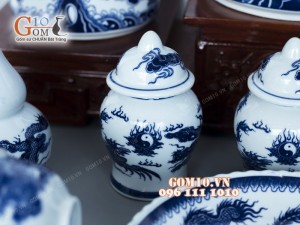 Bộ đồ thờ men trắng vẽ rồng giả nổi ( Có tam cấp )