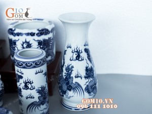 Bộ đồ thờ men trắng vẽ rồng giả nổi ( Có tam cấp )