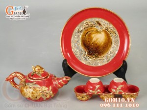 Bộ đồ thờ Như Ý Cát Tường đắp nổi, màu đỏ- vẽ vàng 24k