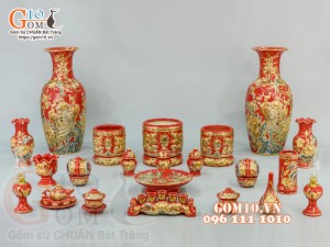 Bộ đồ thờ Như Ý Cát Tường đắp nổi, màu đỏ- vẽ vàng 24k