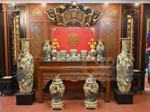 Bộ đồ thờ Như Ý Cát Tường men hoàng tộc đắp nổi Rồng