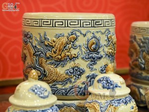 Bộ đồ thờ Như Ý Cát Tường men hoàng tộc đắp nổi Rồng