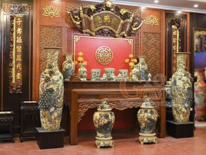 Bộ đồ thờ Như Ý Cát Tường men hoàng tộc đắp nổi Rồng