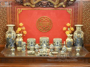 Bộ đồ thờ Như Ý Cát Tường men hoàng tộc đắp nổi Rồng