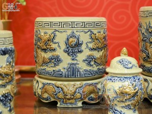 Bộ đồ thờ Như Ý Cát Tường men hoàng tộc đắp nổi Rồng