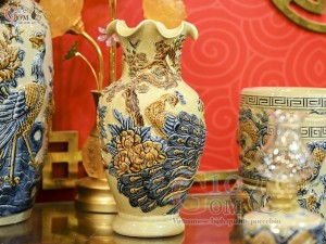 Bộ đồ thờ Như Ý Cát Tường men hoàng tộc đắp nổi Rồng