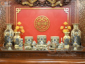 Bộ đồ thờ Như Ý Cát Tường men hoàng tộc đắp nổi Rồng (Ban thờ 1m97-2m17)