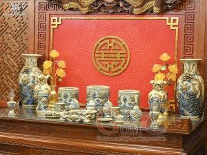 Bộ đồ thờ Như Ý Cát Tường men hoàng tộc đắp nổi Rồng (Ban thờ 1m97-2m17)