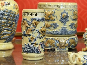 Bộ đồ thờ Như Ý Cát Tường men hoàng tộc đắp nổi Rồng (Ban thờ 1m97-2m17)