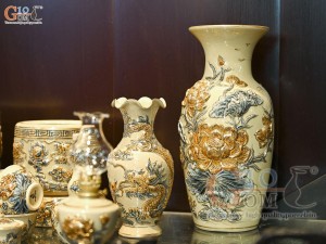 Bộ đồ thờ Như Ý Cát Tường men hoàng tộc đắp nổi Rồng vẽ vàng 24k (Ban thờ 1m75)