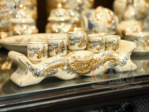 Bộ đồ thờ Như Ý Cát Tường men hoàng tộc đắp nổi Rồng vẽ vàng 24k (Ban thờ 1m75)