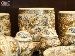 Bộ đồ thờ Như Ý Cát Tường men hoàng tộc đắp nổi Rồng vẽ vàng 24k (Ban thờ 1m75)