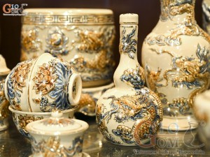 Bộ đồ thờ Như Ý Cát Tường men hoàng tộc đắp nổi Rồng vẽ vàng 24k (Ban thờ 1m75)