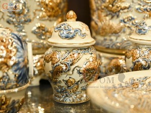 Bộ đồ thờ Như Ý Cát Tường men hoàng tộc đắp nổi Rồng vẽ vàng 24k (Ban thờ 1m75)