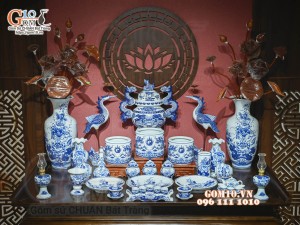 Bộ đồ thờ Như Ý Cát Tường men lam cổ cao cấp 01, cả đỉnh hạc