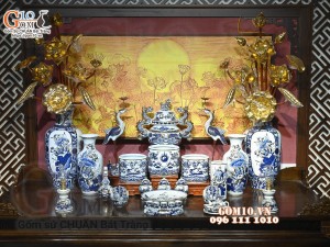 Bộ đồ thờ Như Ý Cát Tường men lam cổ cao cấp, vẽ vàng 24k