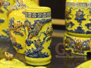 Bộ đồ thờ Như Ý Cát Tường men màu đắp nổi Rồng nền vàng (Ban thờ 1m75)