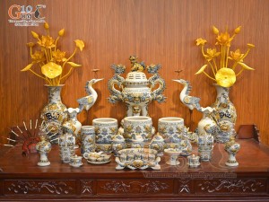 Bộ đồ thờ Như Ý Cát Tường men rạn đắp nổi Rồng cao cấp - 02