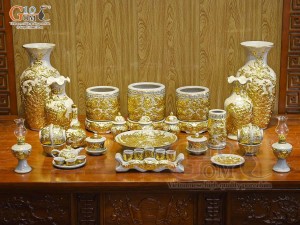 Bộ đồ thờ Như Ý Cát Tường men rạn đắp nổi Rồng dát vàng