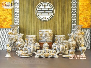 Bộ đồ thờ Như Ý Cát Tường men rạn đắp nổi Rồng vẽ vàng 24k - 01