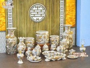Bộ đồ thờ Như Ý Cát Tường men rạn đắp nổi Rồng vẽ vàng 24k - 01