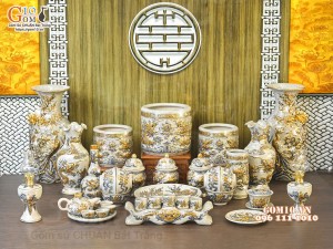 Bộ đồ thờ Như Ý Cát Tường men rạn đắp nổi Rồng vẽ vàng 24k - 01