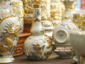 Bộ đồ thờ Như Ý Cát Tường men rạn đắp nổi Rồng vẽ vàng 24k - 01