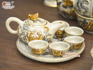 Bộ đồ thờ Như Ý Cát Tường men rạn đắp nổi Rồng vẽ vàng 24k - 01