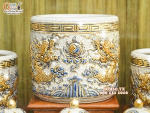 Bộ đồ thờ Như Ý Cát Tường men rạn đắp nổi Rồng vẽ vàng 24k - 01