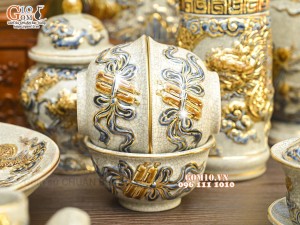 Bộ đồ thờ Như Ý Cát Tường men rạn đắp nổi Rồng vẽ vàng 24k - 01