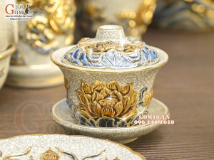 Bộ đồ thờ Như Ý Cát Tường men rạn đắp nổi Rồng vẽ vàng 24k - 01