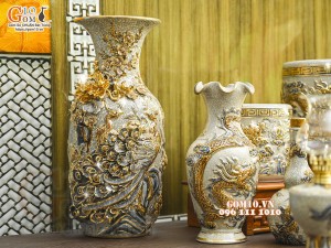 Bộ đồ thờ Như Ý Cát Tường men rạn đắp nổi Rồng vẽ vàng 24k - 01