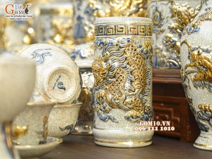 Bộ đồ thờ Như Ý Cát Tường men rạn đắp nổi Rồng vẽ vàng 24k - 01