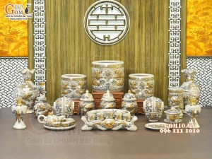 Bộ đồ thờ Như Ý Cát Tường men rạn đắp nổi Rồng vẽ vàng 24k - 02