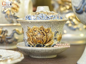 Bộ đồ thờ Như Ý Cát Tường men rạn đắp nổi Rồng vẽ vàng 24k - 02