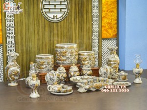 Bộ đồ thờ Như Ý Cát Tường men rạn đắp nổi Rồng vẽ vàng 24k - 02