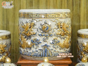 Bộ đồ thờ Như Ý Cát Tường men rạn đắp nổi Rồng vẽ vàng 24k - 02