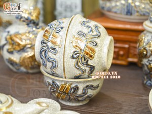 Bộ đồ thờ Như Ý Cát Tường men rạn đắp nổi Rồng vẽ vàng 24k - 02