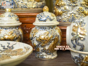 Bộ đồ thờ Như Ý Cát Tường men rạn đắp nổi Rồng vẽ vàng 24k - 02
