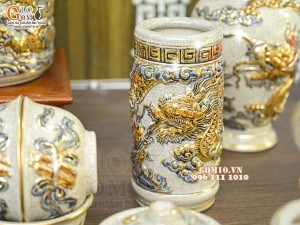 Bộ đồ thờ Như Ý Cát Tường men rạn đắp nổi Rồng vẽ vàng 24k - 02
