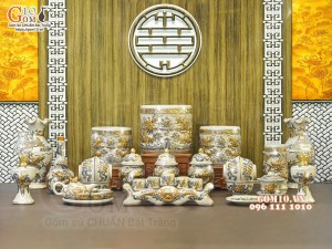 Bộ đồ thờ Như Ý Cát Tường men rạn đắp nổi Rồng vẽ vàng 24k - 02