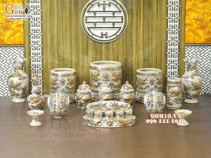 Bộ đồ thờ Như Ý Cát Tường men rạn đắp nổi Rồng vẽ vàng 24k - 03