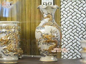 Bộ đồ thờ Như Ý Cát Tường men rạn đắp nổi Rồng vẽ vàng 24k - 03