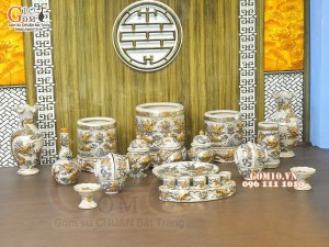 Bộ đồ thờ Như Ý Cát Tường men rạn đắp nổi Rồng vẽ vàng 24k - 03