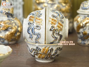 Bộ đồ thờ Như Ý Cát Tường men rạn đắp nổi Rồng vẽ vàng 24k - 03