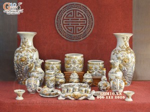 Bộ đồ thờ Như Ý Cát Tường men rạn đắp nổi Rồng vẽ vàng 24k - 04