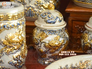 Bộ đồ thờ Như Ý Cát Tường men rạn đắp nổi Rồng vẽ vàng 24k - 04