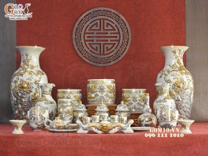 Bộ đồ thờ Như Ý Cát Tường men rạn đắp nổi Rồng vẽ vàng 24k - 04